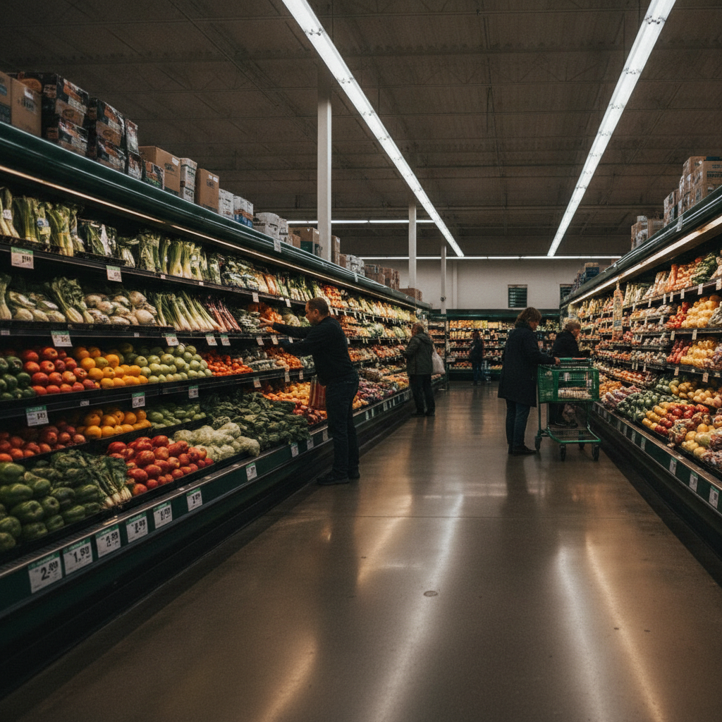 A grocery store produce section with shoppers selecting items, fluorescent lighting reflecting off rows of fresh vegetables and fruits, price tags visible on shelves.