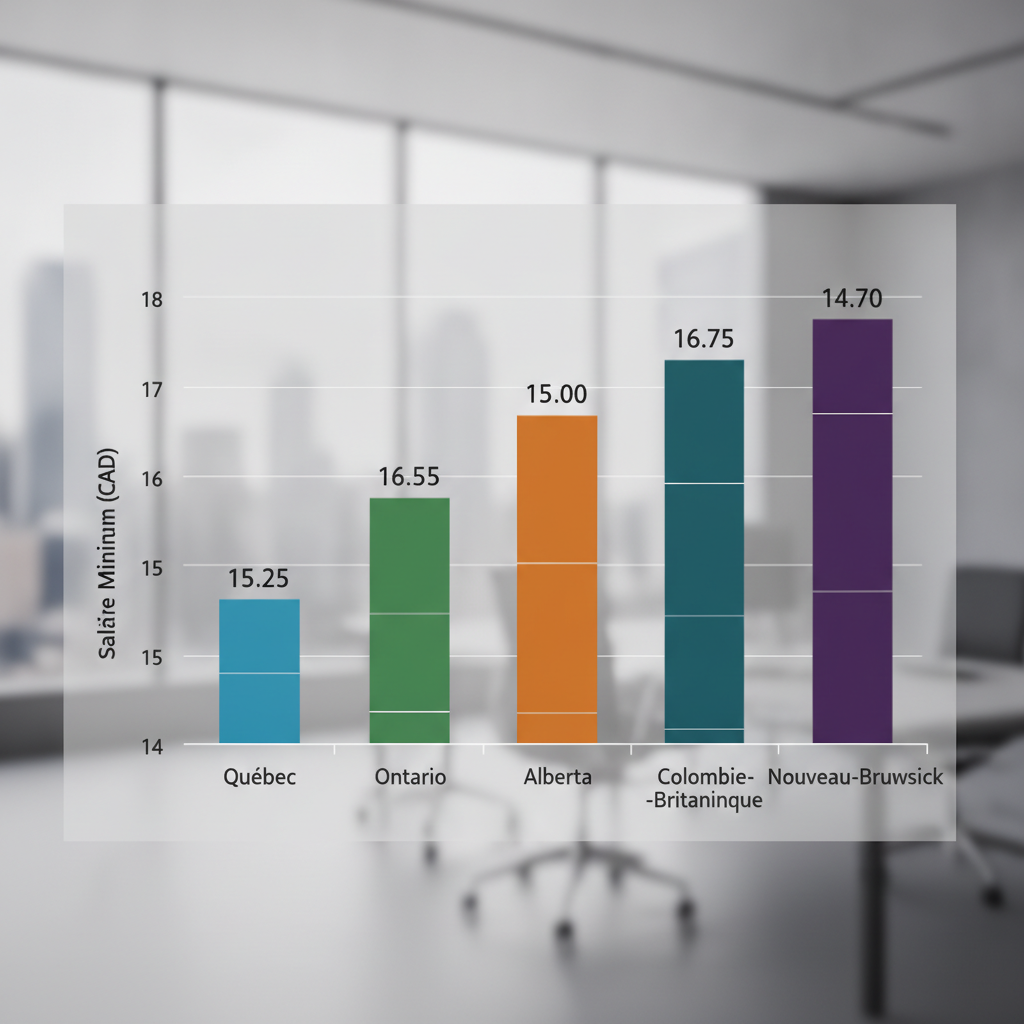 Un graphique en barres affichant les comparaisons de salaire minimum pour les cinq provinces, avec des codes couleur distincts pour chaque région.