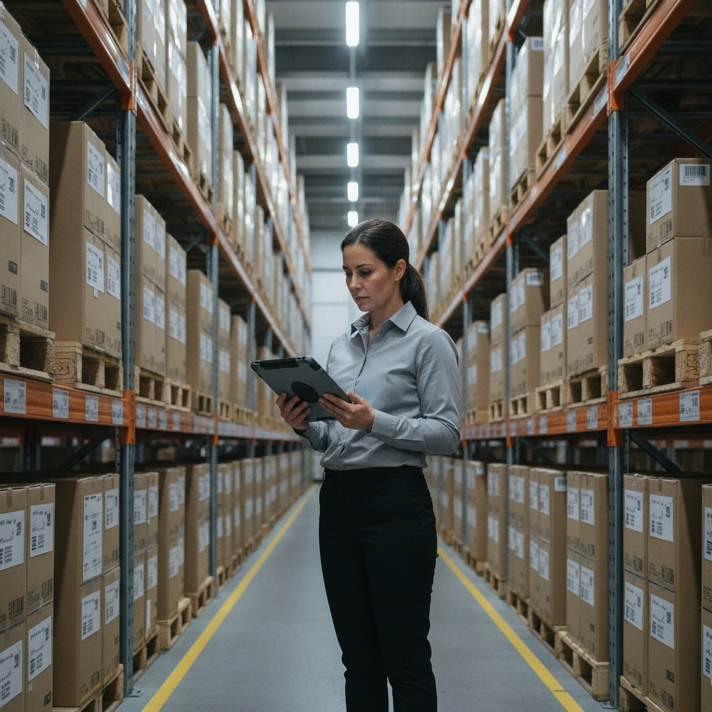A logistics manager reviewing inventory spreadsheets on a tablet in a warehouse aisle, surrounded by labeled pallets and shelving; fluorescent overhead lighting, focused and analytical mood.